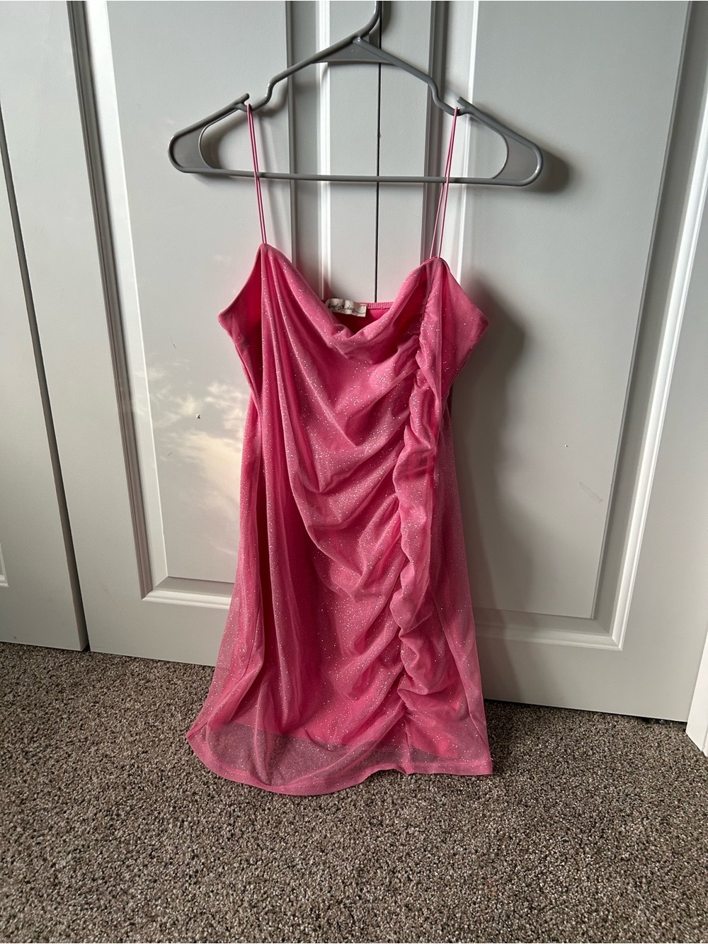 Lovely Day Hot Pink Sparkle Cowl Ruched Midi Dress